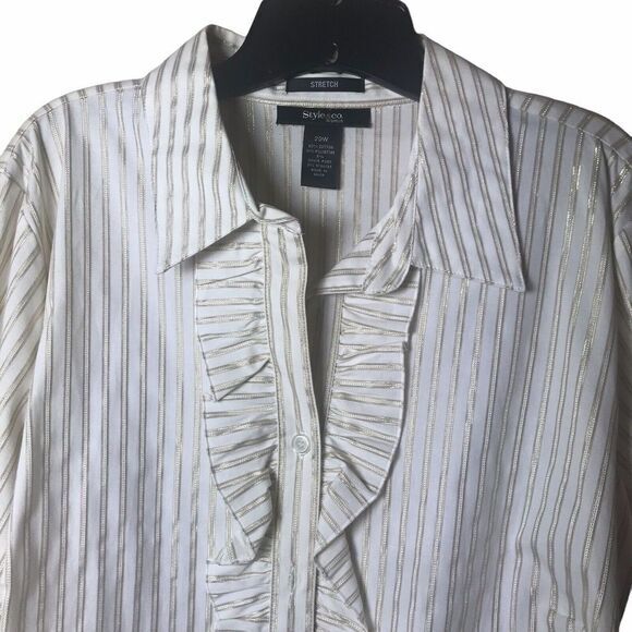 Style & Co Lady's Western White Ruffle Shirt Shimmering Gold Stripes Size 20W - Picture 8 of 10